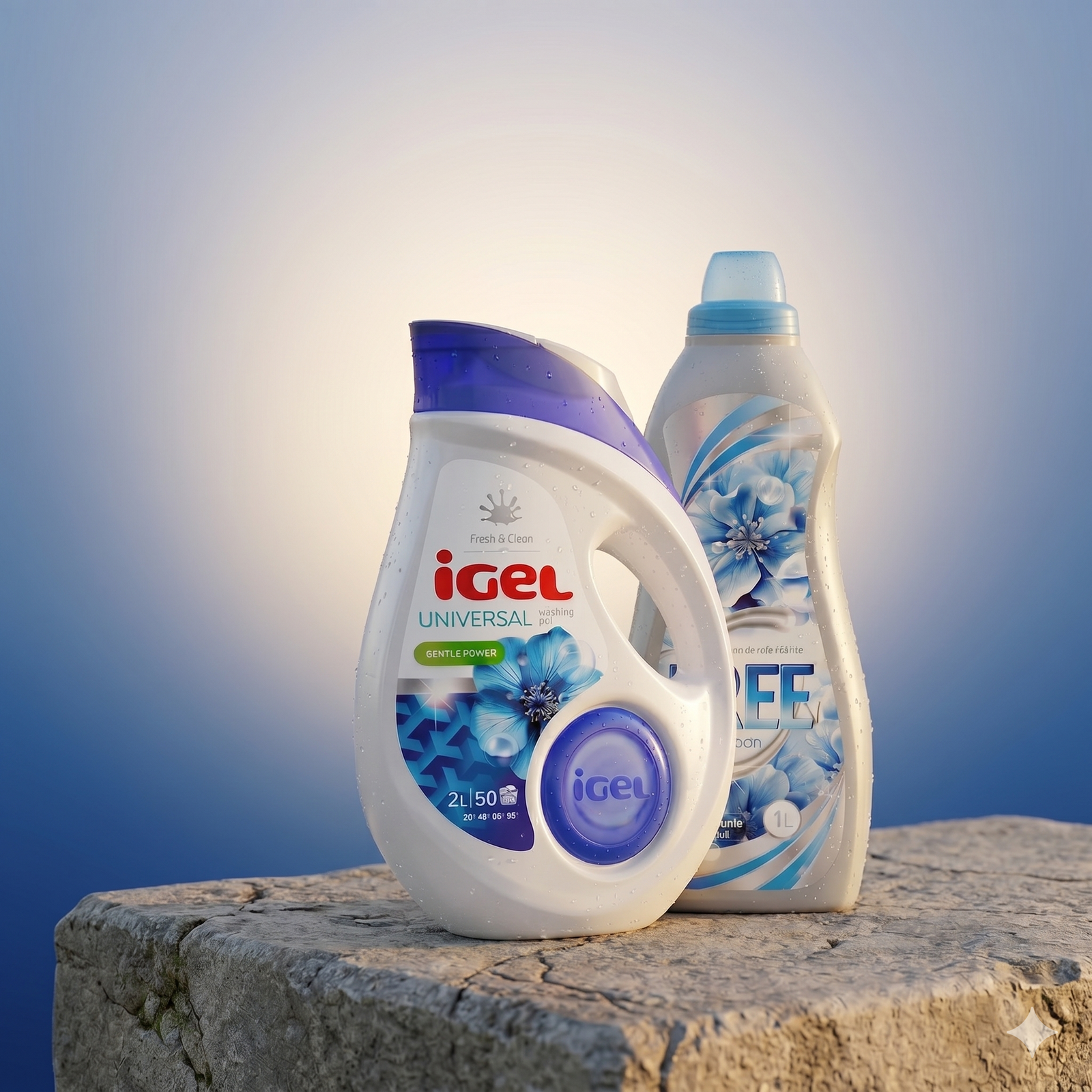 Pachet Clean Blue Duo – Detergent lichid IGEL Universal 2L și Balsam de rufe FREE Blue Lagoon 1L pachet clean blue duo